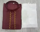 Cotton Solid Kurta Set for Men, White & Maroon 