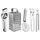 Oc9 Stainless Steel Lemon Squeezer & 4 in 1 Grater Or Slicer & Pizza Cutter & Utility Pakkad & Roti Chimta Kitchen Tool Set 