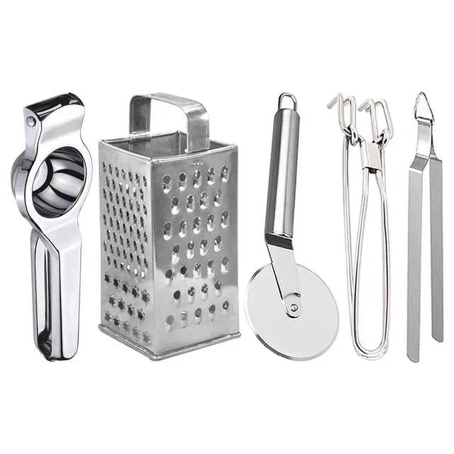 Oc9 Stainless Steel Lemon Squeezer & 4 in 1 Grater Or Slicer & Pizza Cutter & Utility Pakkad & Roti Chimta Kitchen Tool Set (O-125)
