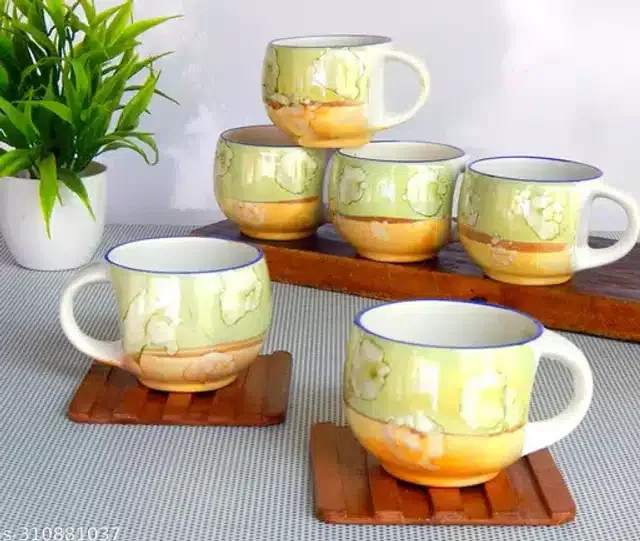 Ceramic Cup Set (Olive, 120 ml) (Pack of 6)