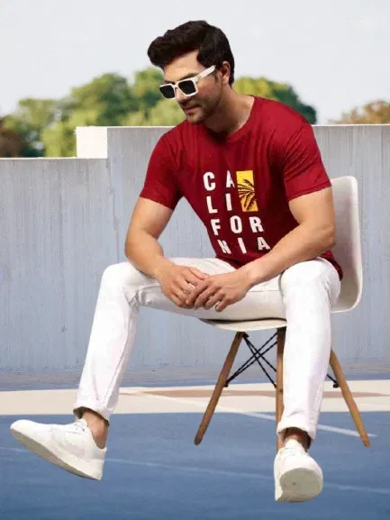Cotton Round Neck Printed T-Shirt for Men (Maroon, L)