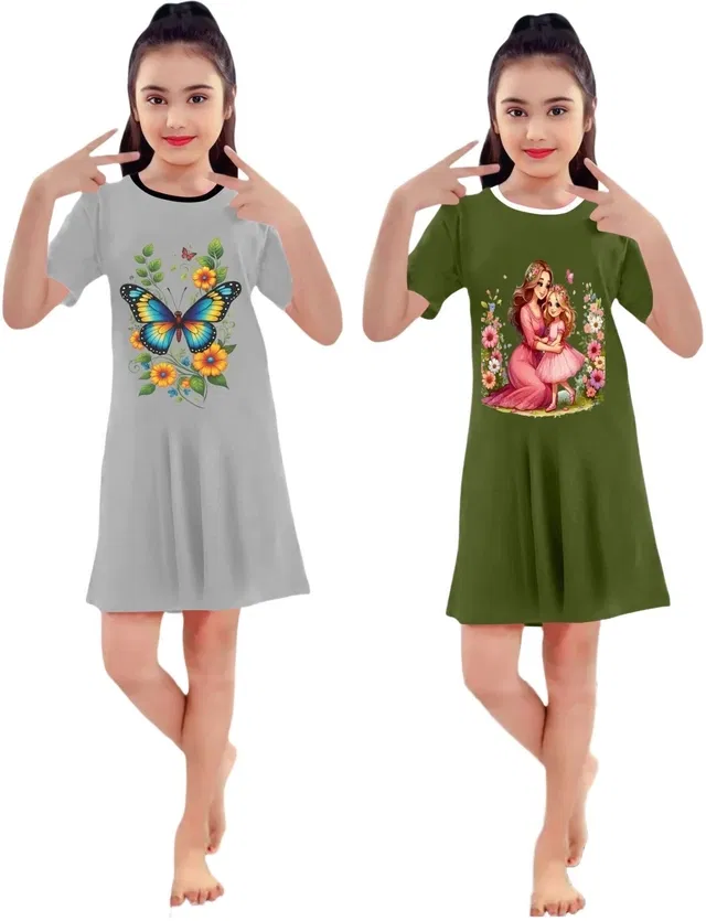Graphic Print Shift Dress for Girls, Pack of 2 (Grey & Olv, 2-3 Y)