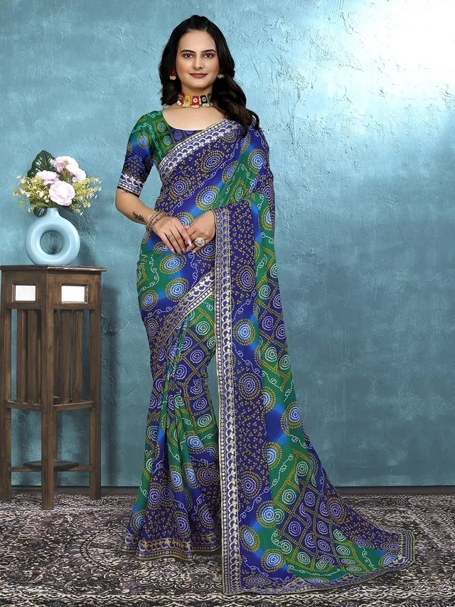 Georgette Bandhini Saree for Women (Blue)