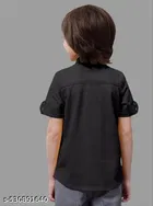 Solid Cotton Blend Mandarin Collar Short Sleeve Shirt for Boys 