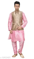 Cotton Blend Solid Kurta with Pyjama & Jacket for Men 