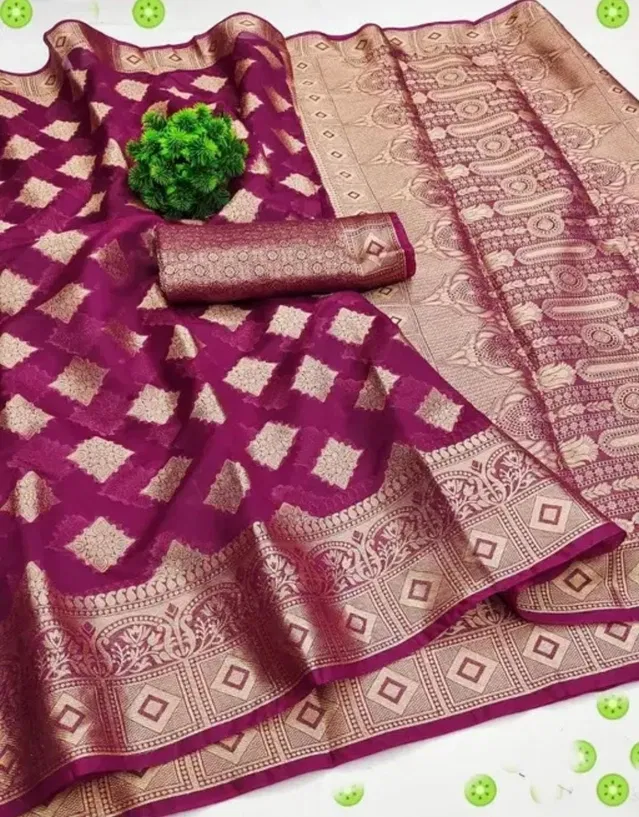 Organza Zari Woven Saree for Women (Wine, 6.3 m)