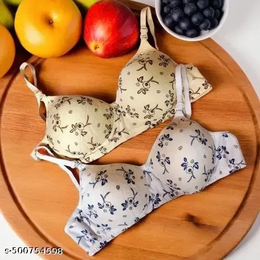Cotton Printed Bra for Women & Girls, White & Cream, Pack of 3 (28B)