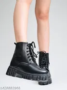 Solid Heeled Boots for Women Black 