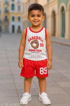 Hosiery Cotton Printed Clothing Set for Kids, Red & White 