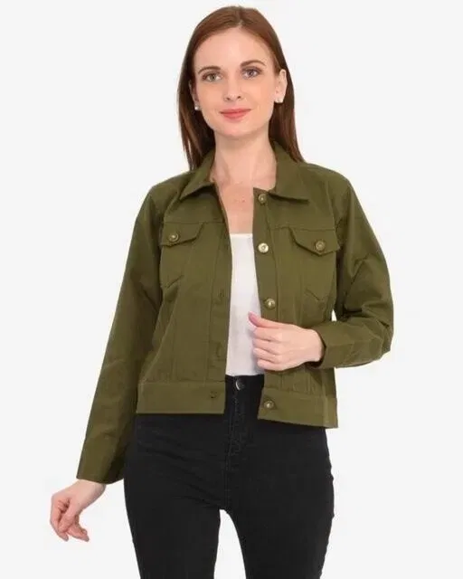 Cotton Twill Solid Jacket for Women, Green (L)