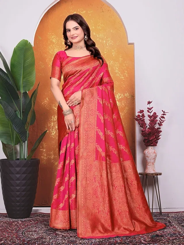 Banarasi Silk Embroidered Saree for Women (Pink, 6.3 m)