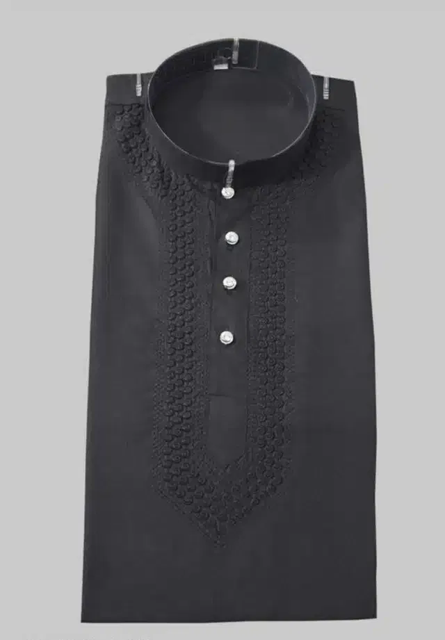 Cotton Blend Embroidered Kurta for Men (Black, L)