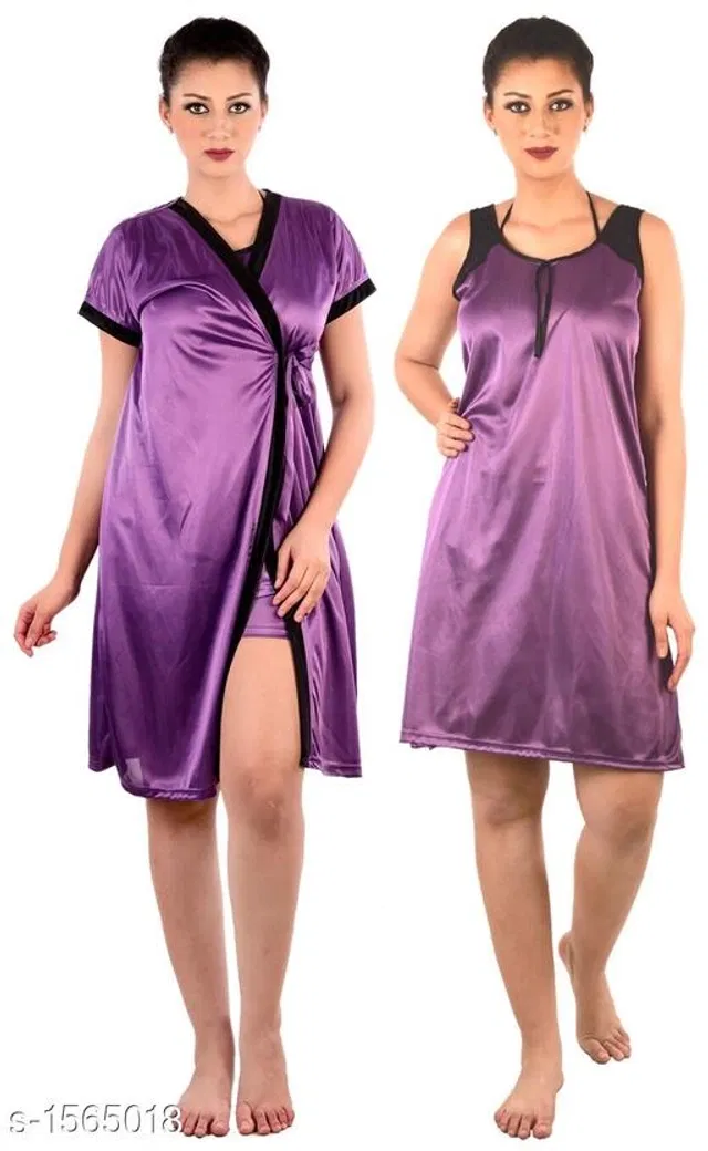Satin Nightdress Set for Women (Purple, Free Size)