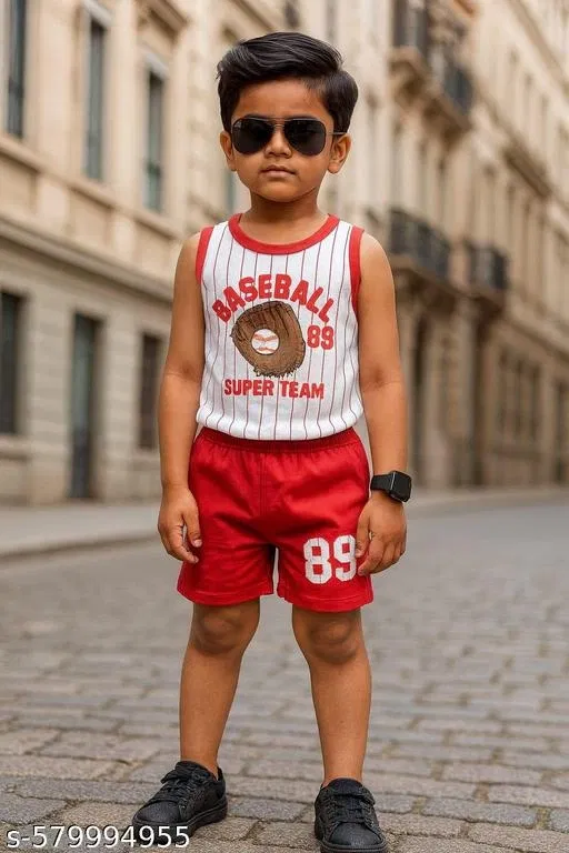 Hosiery Cotton Printed Clothing Set for Kids, Red & White (6-9 Months)