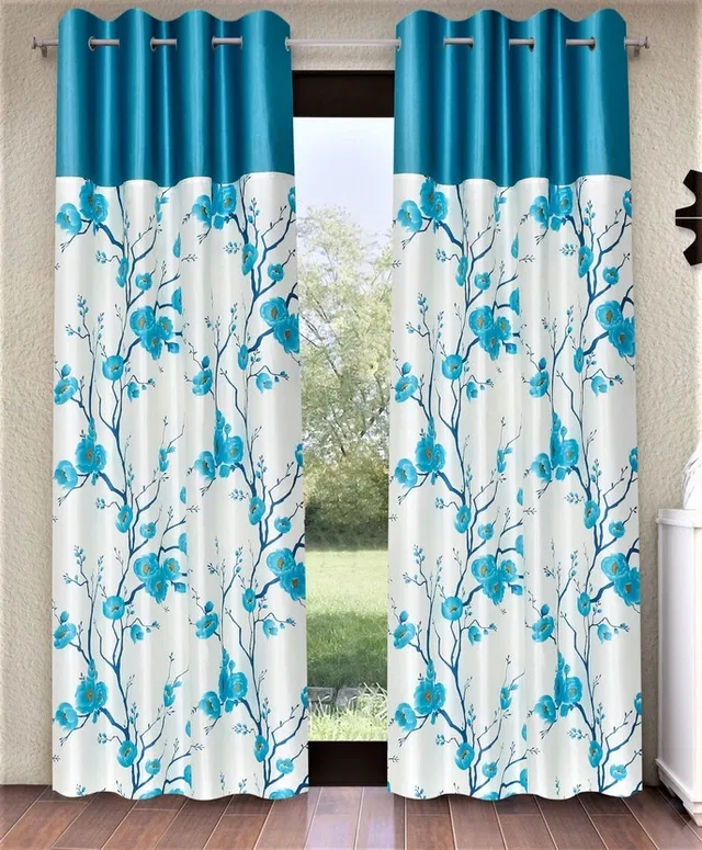 Alaqsa Blue Floral Polyester Door Curtain 7ft Pack of 1