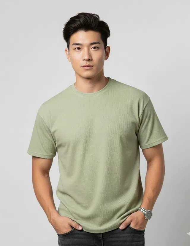 Polyester Round Neck T-shirt for Men, Green (XL)