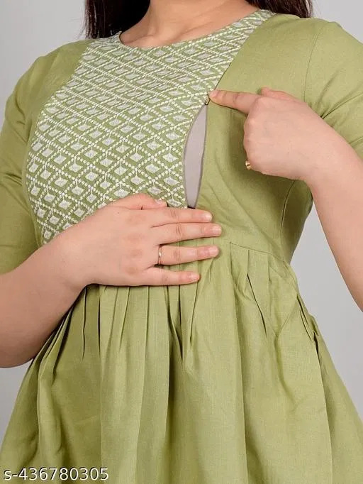Cotton Embroidered Knee Length Maternity Kurti for Women (Green, XXL)