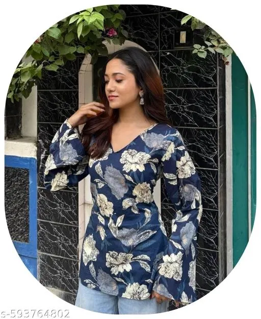 Floral Rayon Kurti with Waist Tie-Ups for Women (White, S)