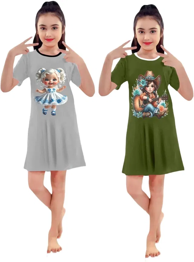 Graphic Print Cotton Blend Shift Dress for Girls, Pack of 2 (Mrn & Olv, 4-5 Y)