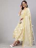 Cotton Printed Anarkali Kurti with Pant & Dupatta for Women (Yellow, S)