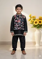 Silk Blend Printed Kurta,Waistcoat & Payjama Set For Boys, Black 