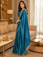 Bollywood Teal Satin Solid Lace Border Saree for Women