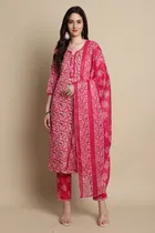 Cotton Blend Printed Kurti with Bottom & Dupatta Set for Women 