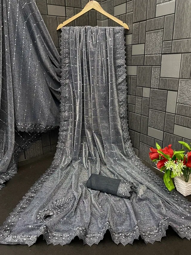 Lycra Blend Solid Saree for Women, Grey (6.3 m)