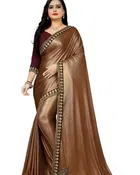 Lycra Zari Embroidered Saree for Women, Brown 