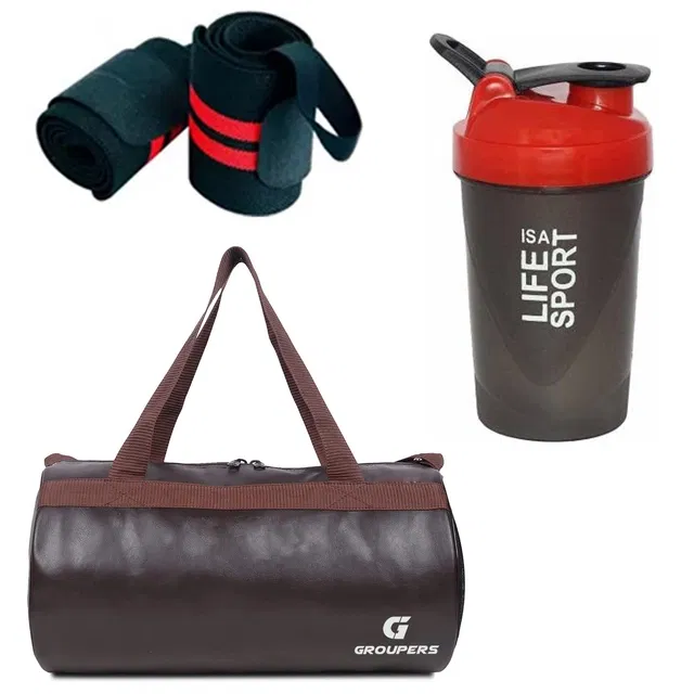 PU Leather Gym Bag with Gloves & Shaker Bottle (500 ml) for Men & Women (Multicolor, Set of 1)
