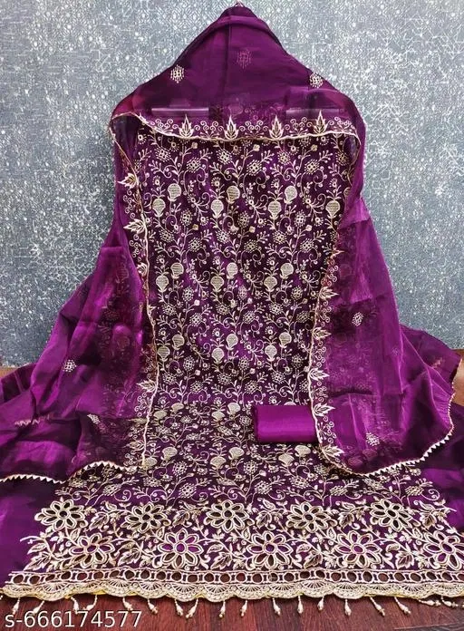 Georgette Punjabi/All Over Suits for Women, Floral Embroidered (Purple, 5.85 meter (S)) (Multicolor, Un Stitched)