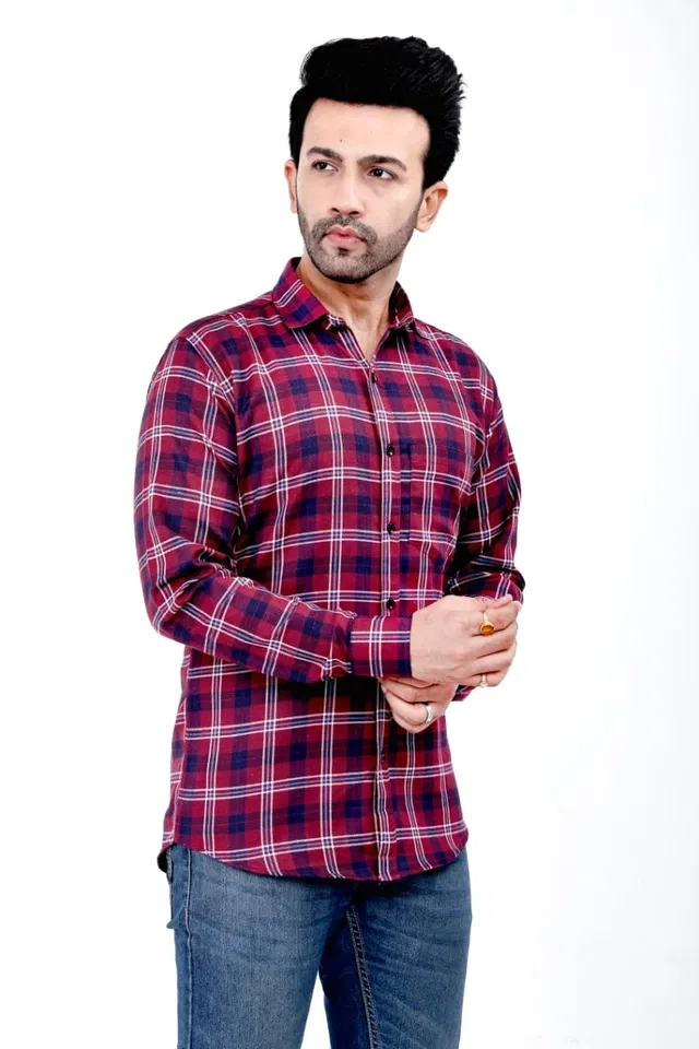 Cotton Blend Checked Shirt for Men, Maroon (XXL)