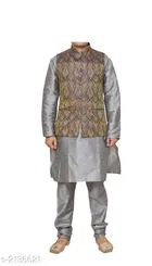 Banarasi Dupion Silk Solid Kurta with Pyjama & Jacket for Men 