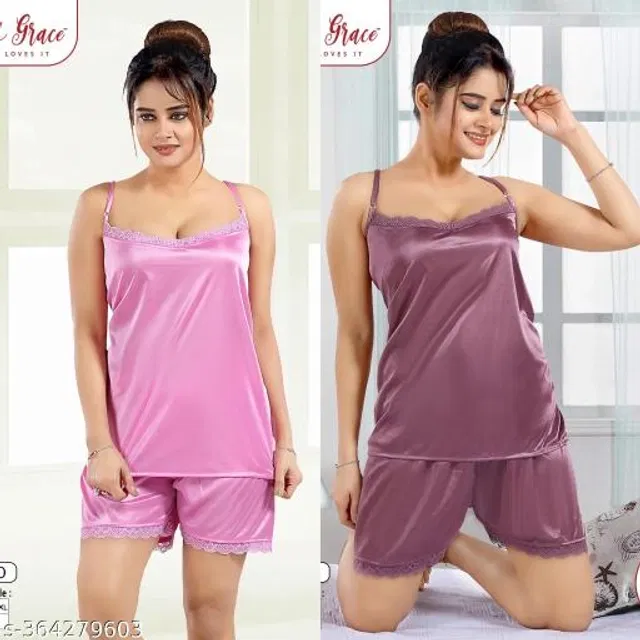 Satin Nightsuit for Women (Pink & Purple, L) (Pack of 2)