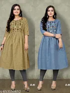 Solid Embroidered Cotton Kurti for Women, Pack of 2 