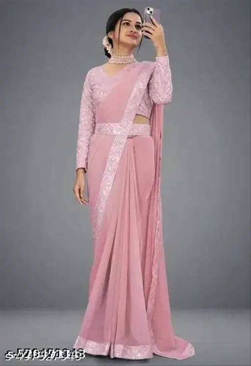 Georgette Zari Woven Saree For Women, Pink