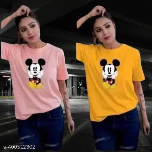 Cotton Blend Printed T-Shirt for Women, Yellow & Pink, Pack of 2 (XXL)