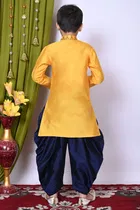 Dupion Silk Embroidery Kurta with Dhoti for Boys, Yellow & Navy Blue 