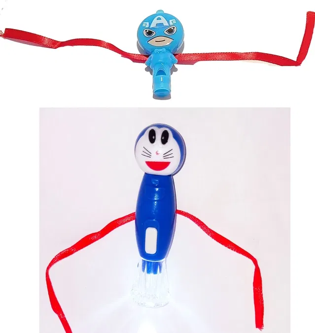 Plastic LED Light Torch Captain America Doraemon Kids Rakhi, Pack of 2 (Multicolor, Free)