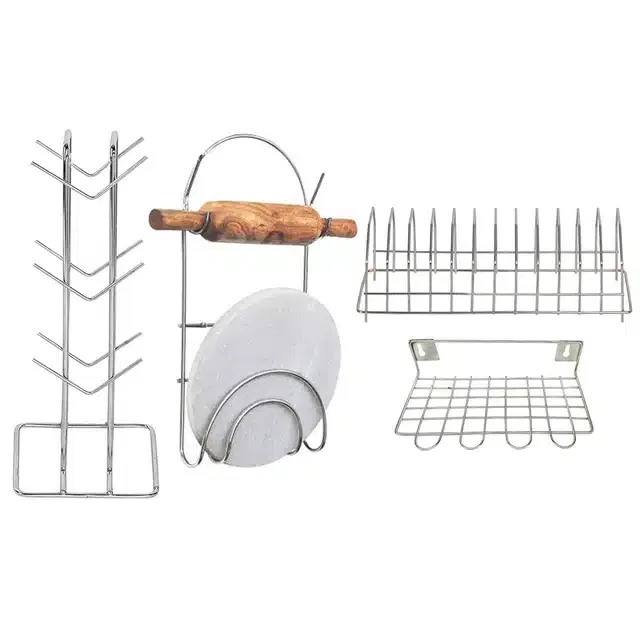 Stainless Steel Cup Stand & Plate Stand with Utensil Holder & Chakla Belan Stand (Set of 4, Silver)