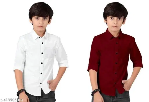 Solid Cotton Blend Long Sleeve Shirt for Boys, Pack of 2 (Maroon, 8-9 Years)