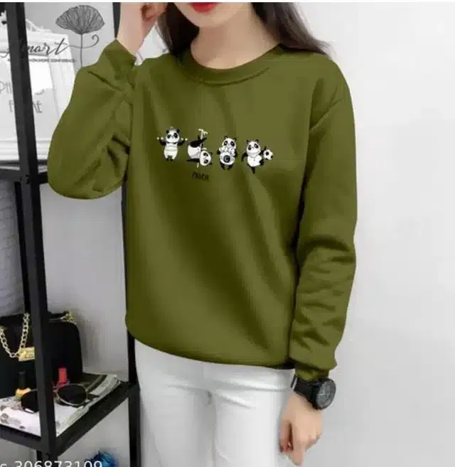 Cotton Blend Printed T-shirt for Women (Olive, M )