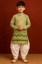 Cotton Blend Printed Kurta with Dhoti for Boys, Green & White 