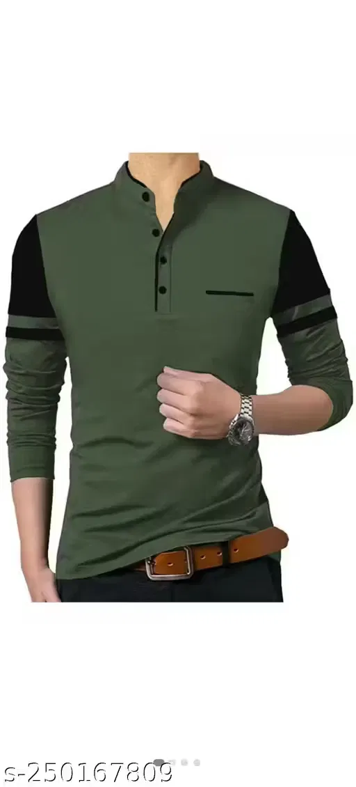 Cotton Blend Solid Full Sleeves T-Shirt for Men, Olive & Black (XL)