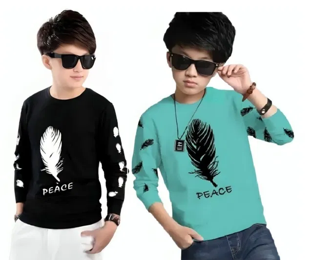 Round Neck Printed T-Shirt for Boys (Black & Sea Green, 6-7 Years) (Pack of 2)