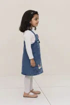 Denim printed Frock  For Girls, White & Blue 
