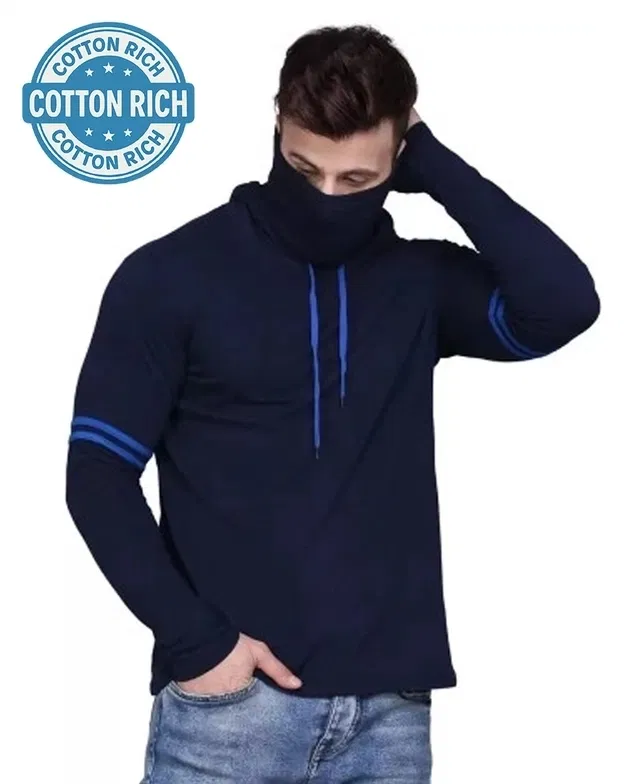 Hooded Solid T-Shirt for Men (Blue, XXL)