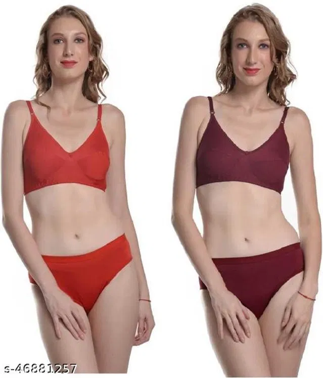 Cotton Blend Solid Lingerie Set for Women (Multicolor, 34A) (Pack of 2)