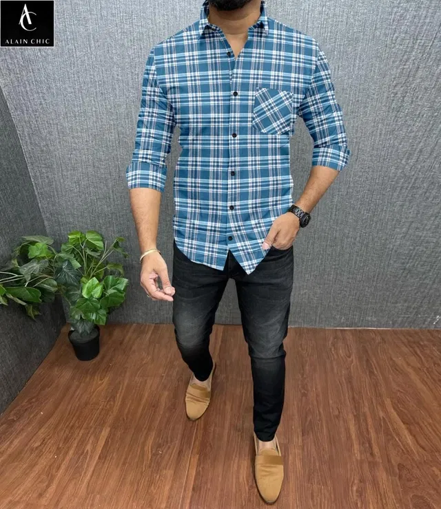 Cotton Blend Full Sleeves Shirt for Men (Blue, S)