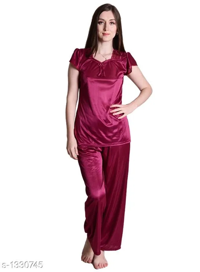 Satin Nightsuit Set for Women (Purple, M)